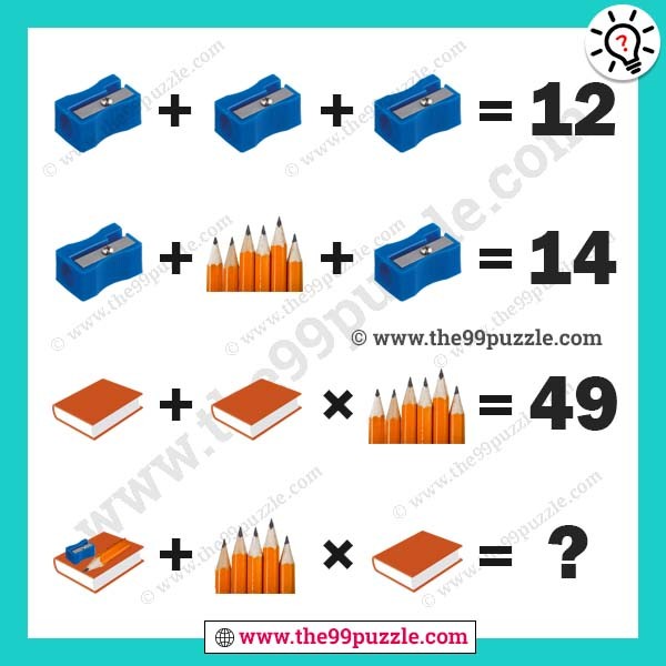 Cutter, pencil, book picture math puzzles with answer