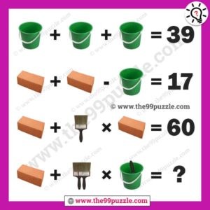 Bucket, bricks, brush math puzzle with answer