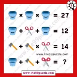 Bucket, Scissors, Axe Picture math equation with answer – Puzz298