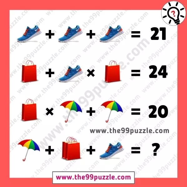 Shoe, Bag, and Umbrella picture of math puzzle with answer